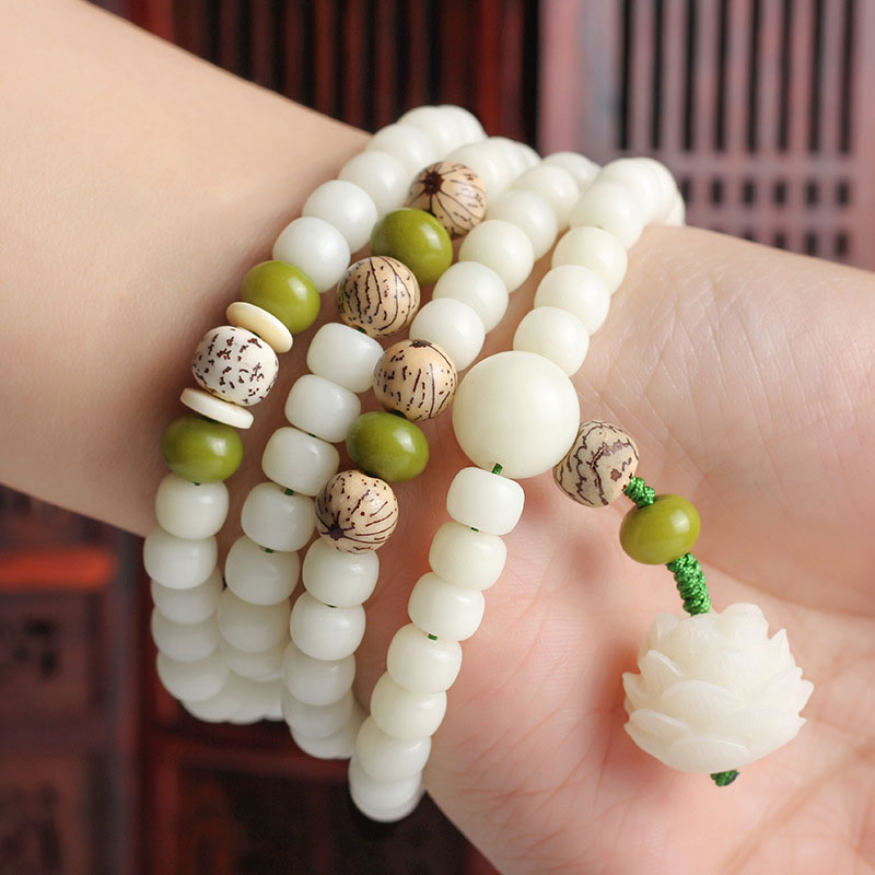 BUDDHAGEMS White Jade Bodhi Lotus Mala Harmony Necklace Bracelet