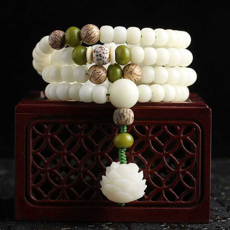 BUDDHAGEMS White Jade Bodhi Lotus Mala Harmony Necklace Bracelet