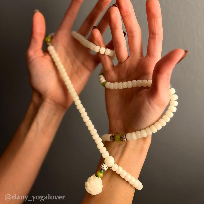 BUDDHAGEMS White Jade Bodhi Lotus Mala Harmony Necklace Bracelet