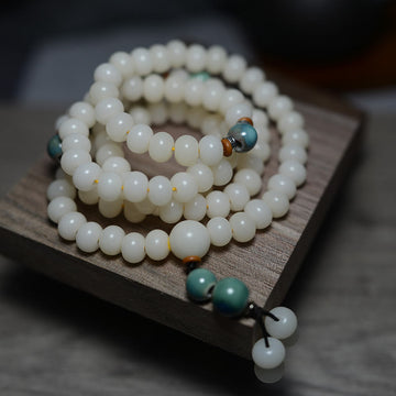BUDDHAGEMS White Jade Bodhi Lotus Mala Harmony Necklace Bracelet