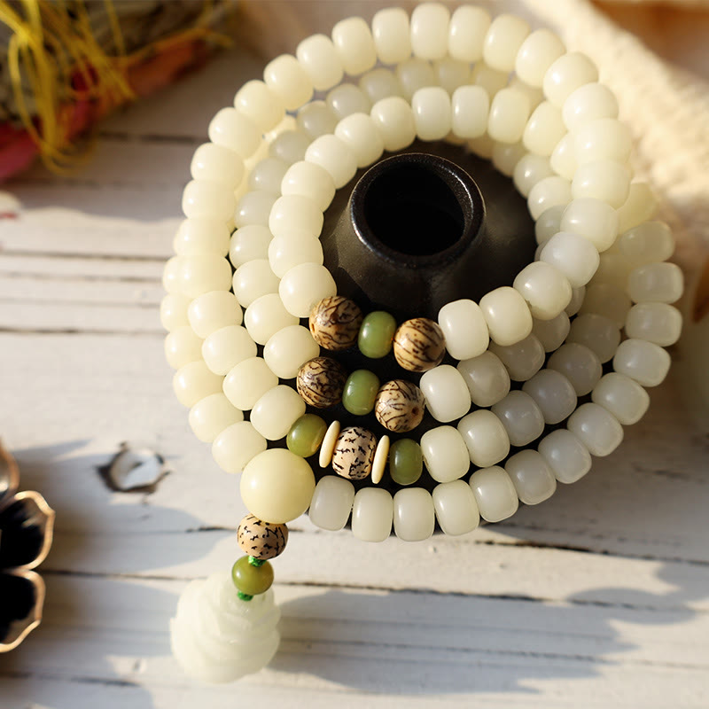 BUDDHAGEMS White Jade Bodhi Lotus Mala Harmony Necklace Bracelet