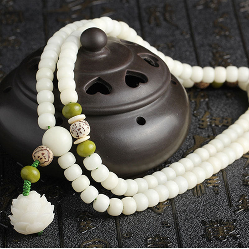 BUDDHAGEMS White Jade Bodhi Lotus Mala Harmony Necklace Bracelet