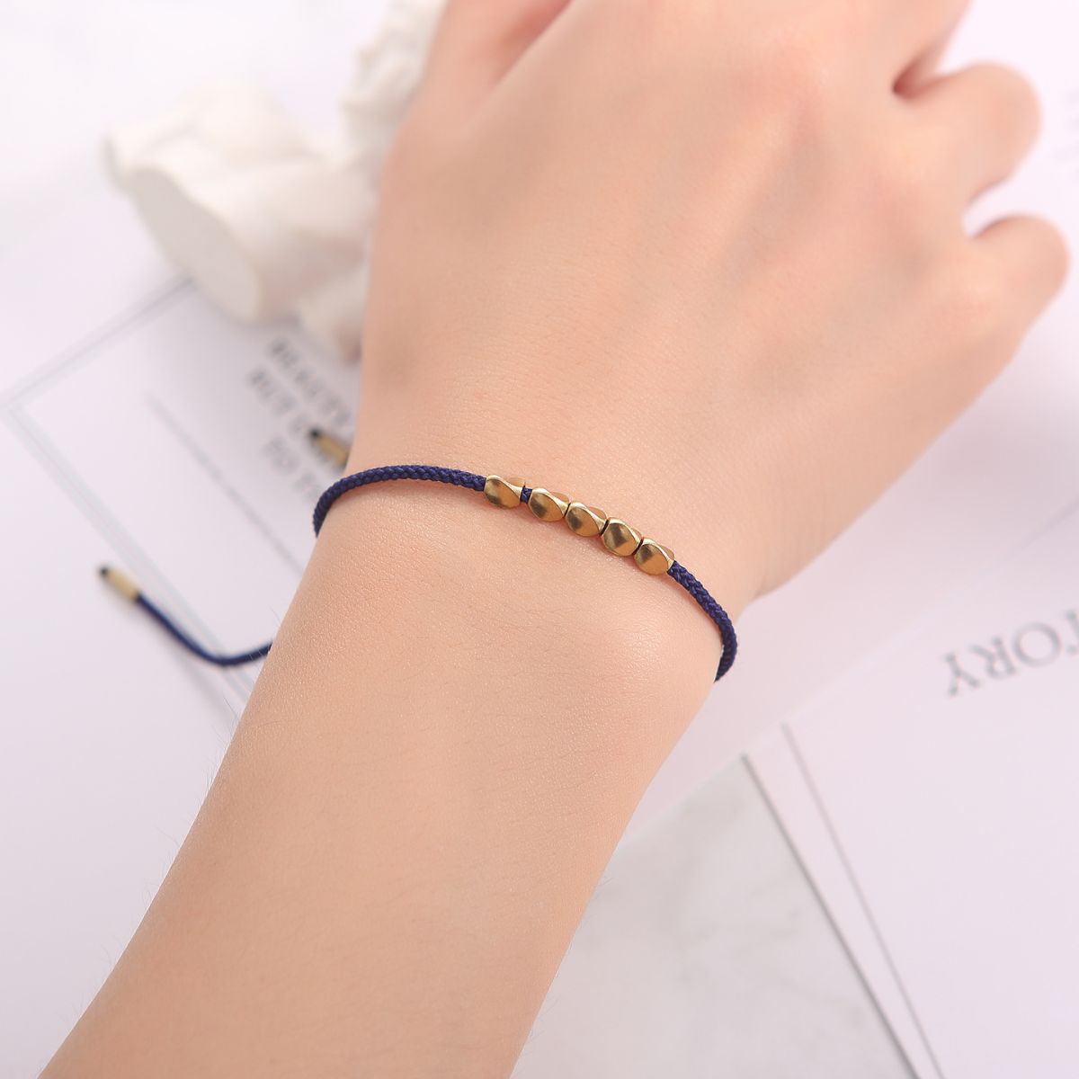 Five Lucky Beads Copper Bracelet - Blue & Red String