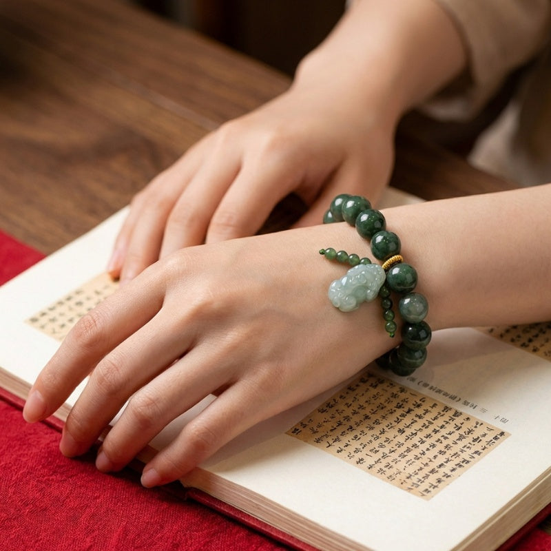 Buddha & Karma Green Jade Bracelet with Pixiu - Invite Wealth & Calming Energies