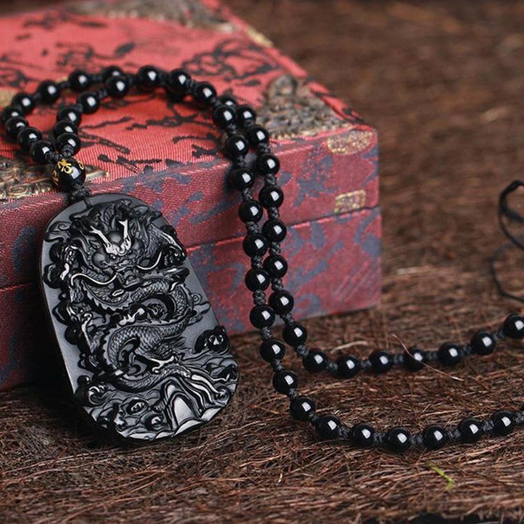 Natural Black Obsidian Dragon Protection Necklace